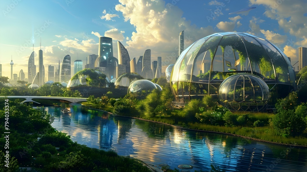 Naklejka premium Sustainable Lifebloom: A Sci-Fi City Nurturing an Advanced Bio-Dome Ecosystem