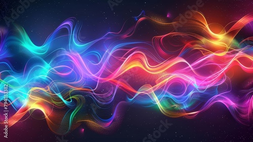 flowing neon waves on abstract dark background digital art