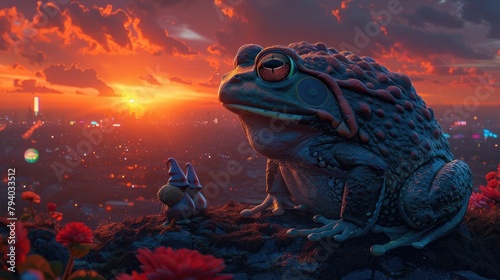 Mythical Giant Frog and Whimsical Gnome Sidekicks Bask in Brilliant Sunset and NeonDrenched Cityscape photo