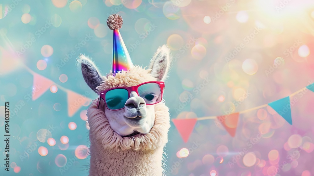 Naklejka premium funny alpaca with party hat and sunglasses festive birthday or new year celebration digital illustration