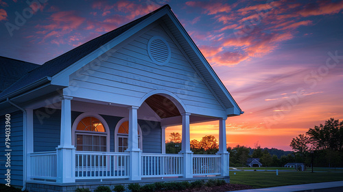 New community clubhouse under the vibrant hues of a sunset, featuring a white porch and gable roof with semi-circle window in ultra HD. photo