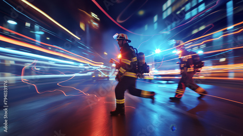 Firefighters Running to Emergency in Urban Nighttime Setting