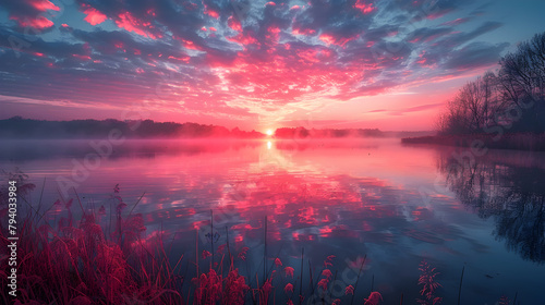 Captivating Sunrise Reflection on a Tranquil Lake Surrounded by Vibrant Skies and Serene Shores © ratirath