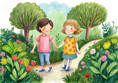 Children playing with flowers. Image of cute children holding hands on a lush green background. photo
