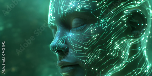 Futuristic Digital Human Face with Circuit Pattern Illumination