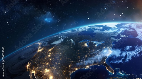 Fototapeta Naklejka Na Ścianę i Meble -  glowing earth from space north america at night with city lights and celestial wonders digital illustration