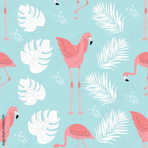 Pink flamingo seamless pattern on a blue background. Cute flamingos with tropical leaves vector illustration