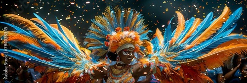 Samba parade during carnival, in which dancers wear magnificent costumes decorated with feathers and sequins photo