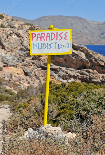 Nudist beach sign, Greece