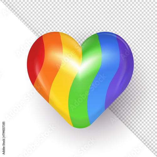 3d puffy bright rainbow heart isolated on transparent background. Three dimensional symbol of LGBTIQA community - glossy multicolored heart with LGBT flag pattern as decor element for Pride Month
