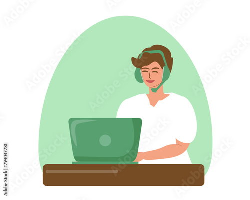 A call center operator takes a call. A woman wearing headphones with a microphone communicates via audio communication with a client while sitting at a laptop. Vector illustration