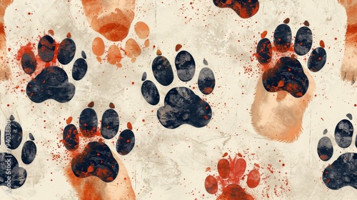 Seamless pattern of different sizes and orientations of paw prints