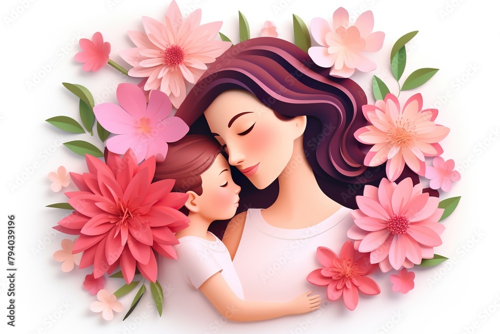 3D Vector flat illustration of flowers white background, mom and baby for mother's day