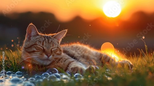Cozy Feline Finds Revitalization in Sparkling Liquids at Sunset