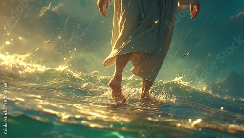 Jesus walks on water during storm at sea, waves ocean, miracle, 4k wallpaper, background, light, hope, religion culture，Miraculous Walk on the Stormy Sea - Abstract Vector Illustration for 4K Wallpape photo