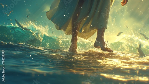 Jesus walks on water during storm at sea, waves ocean, miracle, 4k wallpaper, background, light, hope, religion culture，Miraculous Walk on the Stormy Sea - Abstract Vector Illustration for 4K Wallpape photo