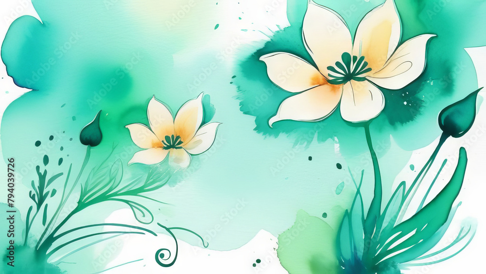 Abstract Emerald pastel background with botanical flowers and leaves in watercolor style. Soft vintage floral art painting