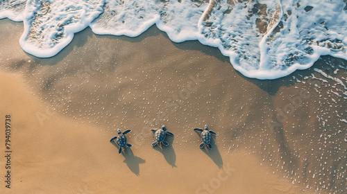 Filhotes de tartaruga na praia visto de cima photo