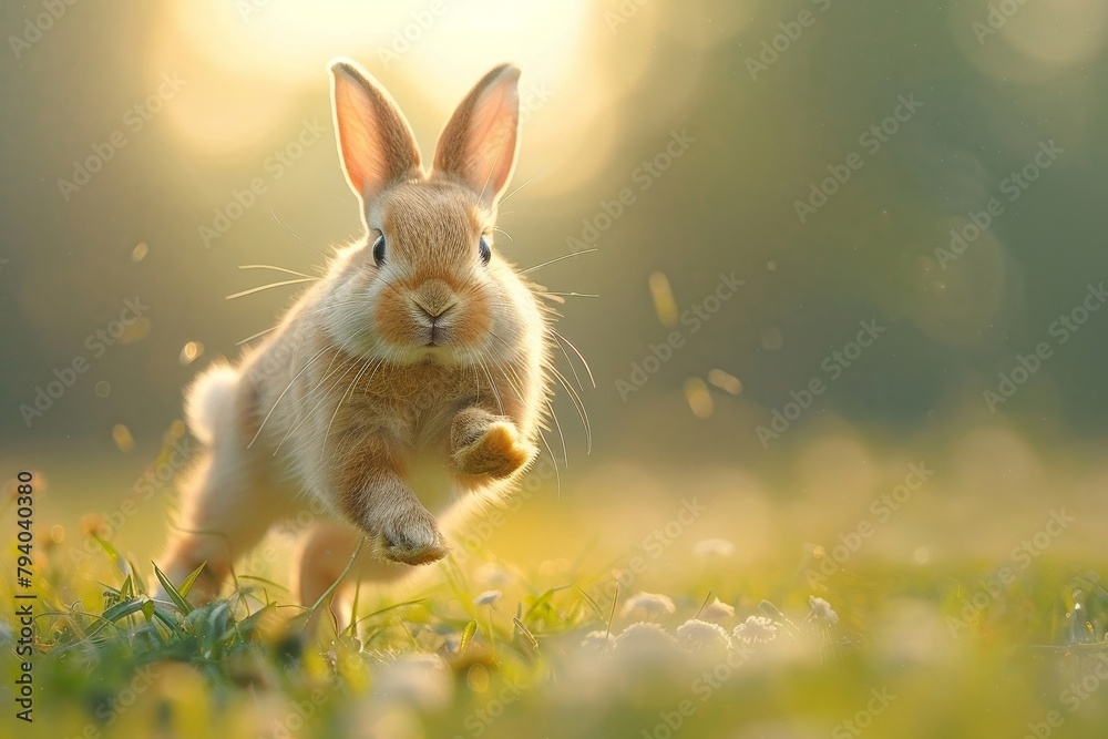 Close-up of a rabbit playfully hopping in a field, mid-leap with ears flopping, against a soft-focus natural background Close-up of a rabbit playfully hopping in a field, mid-leap with ears flopping, against a soft-focus natural background