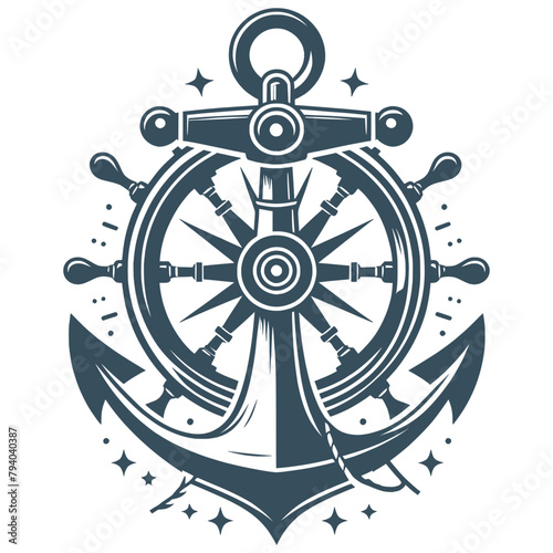 Anchor in ropes and ship wheel vector