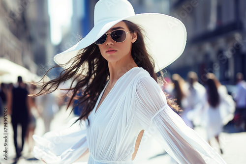 Attractive top model girl in the fashion week runway outdoor wearing white dress 