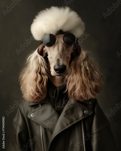 A fashionable Poodle dog posing in leather coat, stylish and classy, dressed like a masculine human gangster, a charismatic leader