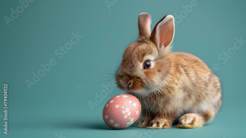 Curious Rabbit Inspecting Patterned Easter Egg on Green Backdrop © ratirath