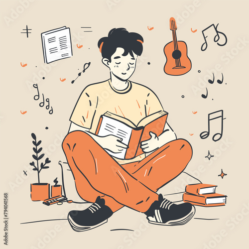 A man is reading a book while surrounded by musical notes