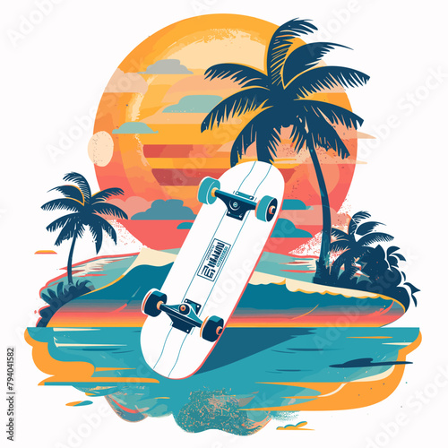 A skateboard is upside down on a beach with palm trees in the background