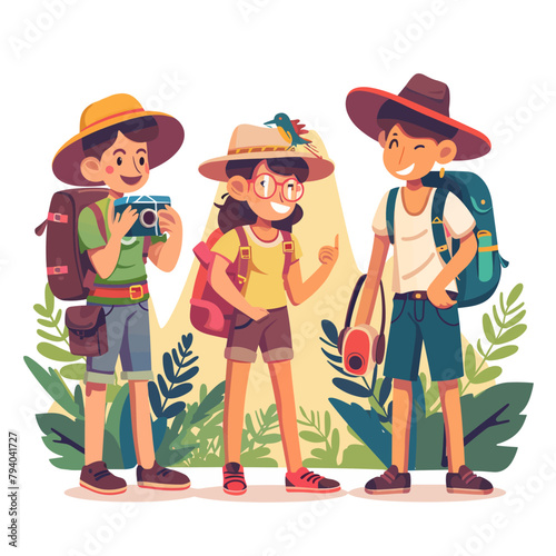 Tourists with backpacks and camera. Vector illustration in cartoon style