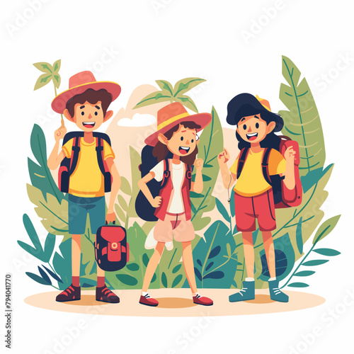 Tourists with backpacks hiking in tropical forest. Vector flat cartoon illustration