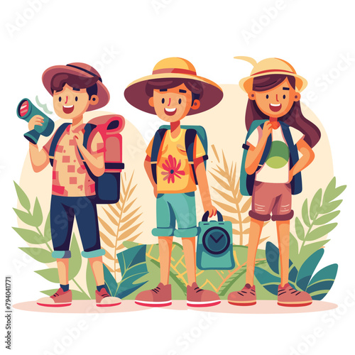 Tourists with backpacks and map. Vector illustration in cartoon style