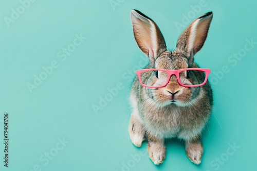 Funny face rabbit with glasses isolated on pastel blue background