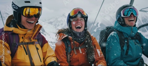 Friends in ski gear enjoying a moment of laughter on a chairlift with snowy mountainous landscape