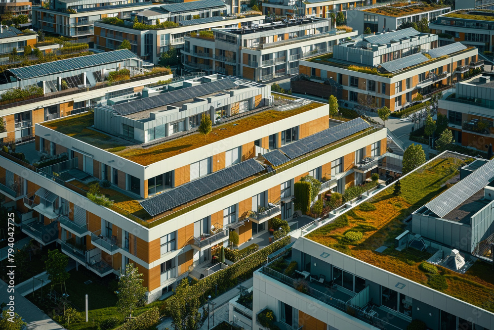 An aerial view captures a green-roofed European complex, its innovative design highlighted by solar panels.