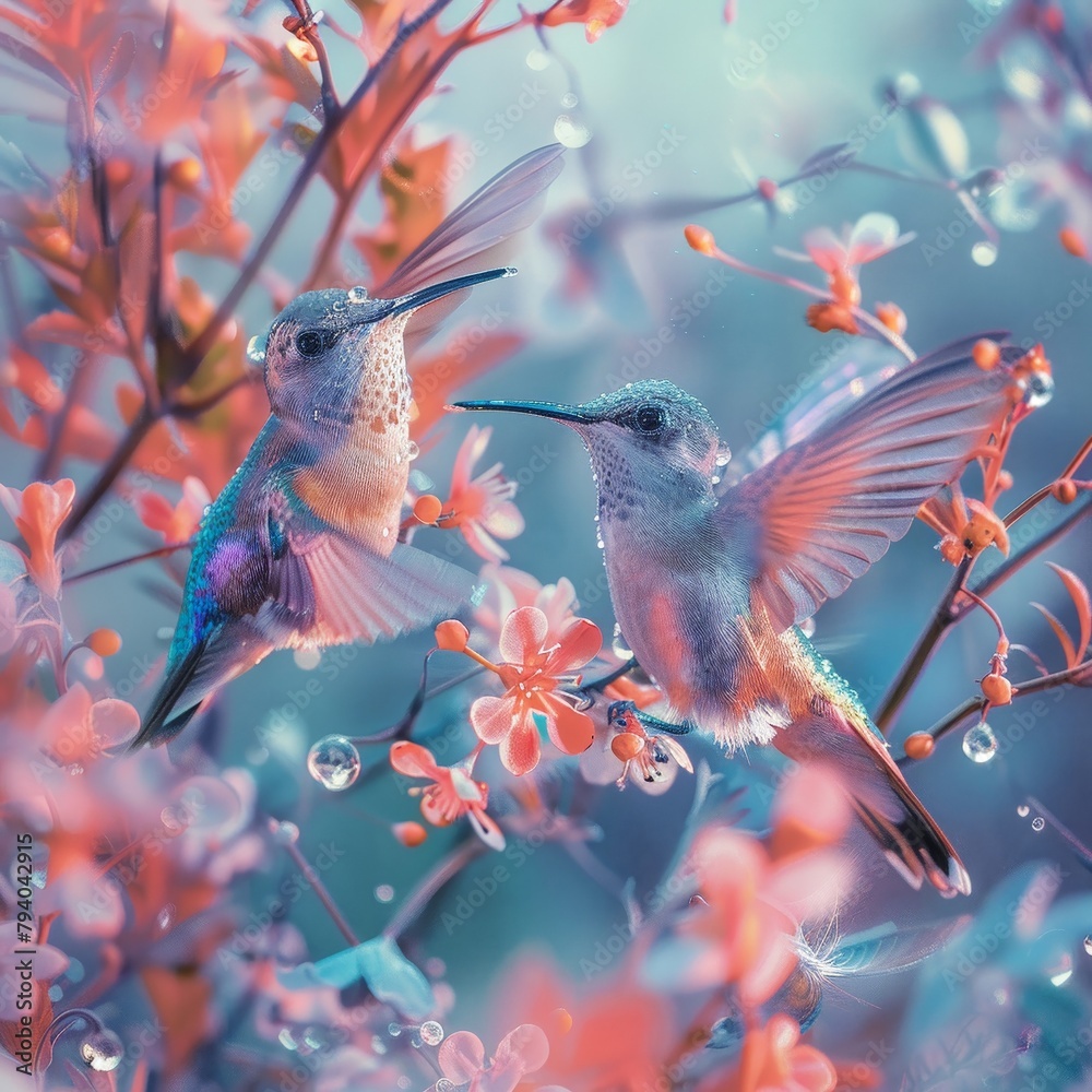 Obraz premium Dewdrop birds flitting among morning flowers, iridescent feathers, macro shot, capturing the essence of their fragile, ethereal beauty, professional color grading,soft shadowns