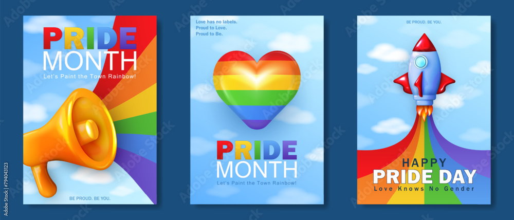 Vetor de Pride Month greeting cards with 3d cartoon rocket, realistic ...