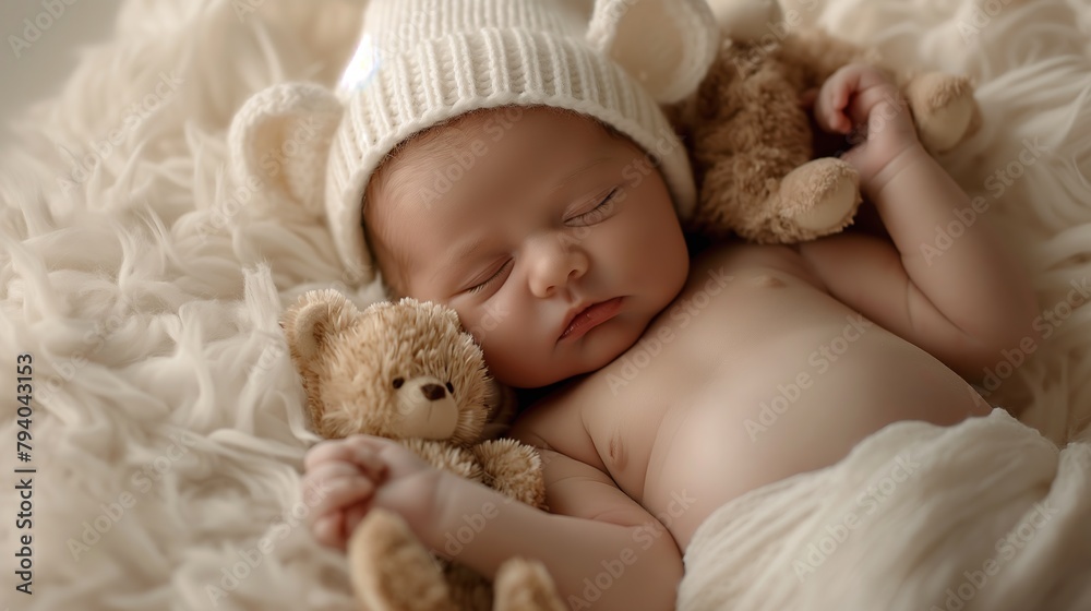 Sleeping newborn baby in a cap with a teddy bear. motherhood concept Sleeping newborn baby in a cap with a teddy bear. motherhood concept
