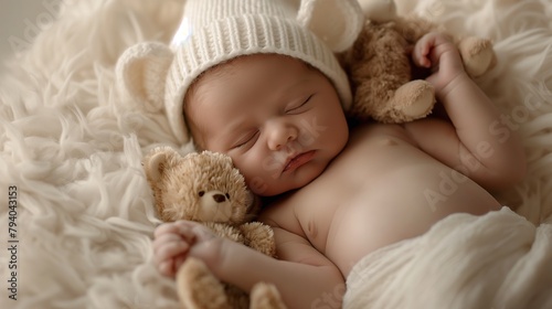 Sleeping newborn baby in a cap with a teddy bear. motherhood concept