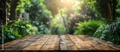 Blurred green trees on wood table for product display in greenhouse. Concept Product Display, Greenhouse, Wood Table, Blurred Background, Green Trees