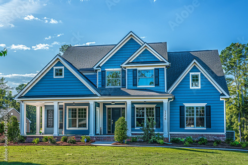 An elegant electric blue house with siding, located on a large lot in a quiet subdivision, featuring traditional windows and shutters, under a sunny day. photo