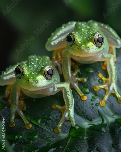 Glass frogs perched on dewy leaves  translucent skin shimmering  close-up  showcasing their delicate anatomy and environment  professional color grading soft shadowns