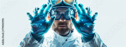 In the realm of madness and creation, a close-up of a mad scientist emerges, his disheveled appearance and intense gaze hinting at the chaotic brilliance within. White background, copy space.