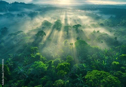 Aerial view of a dense tropical rainforest with misty morning light  dawn sun rays breaking through the canopy