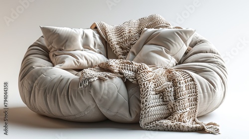 A white couch with pillows and a blanket on it