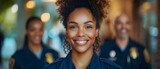 Diverse workplace with men women African American police officer celebrating DEI. Concept Diversity in Workplace, Inclusive Celebrations, African American Representation, Police Officer Diversity