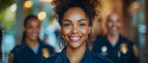 Diverse workplace with men women African American police officer celebrating DEI. Concept Diversity in Workplace, Inclusive Celebrations, African American Representation, Police Officer Diversity photo
