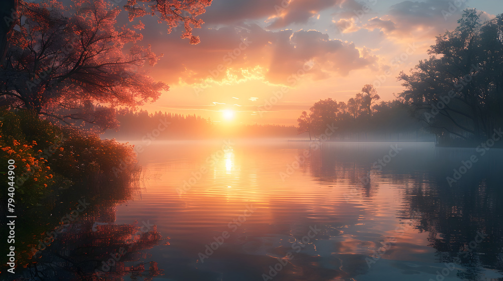 Enchanting Autumn Sunrise Reflecting on a Tranquil Lake amid a Lush Forested Landscape Enchanting Autumn Sunrise Reflecting on a Tranquil Lake amid a Lush Forested Landscape