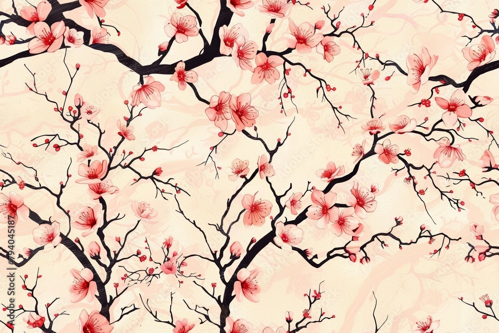Seamless pattern of cherry blossoms and swirling branches.