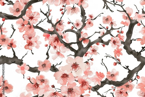 Seamless pattern of cherry blossoms and swirling branches.